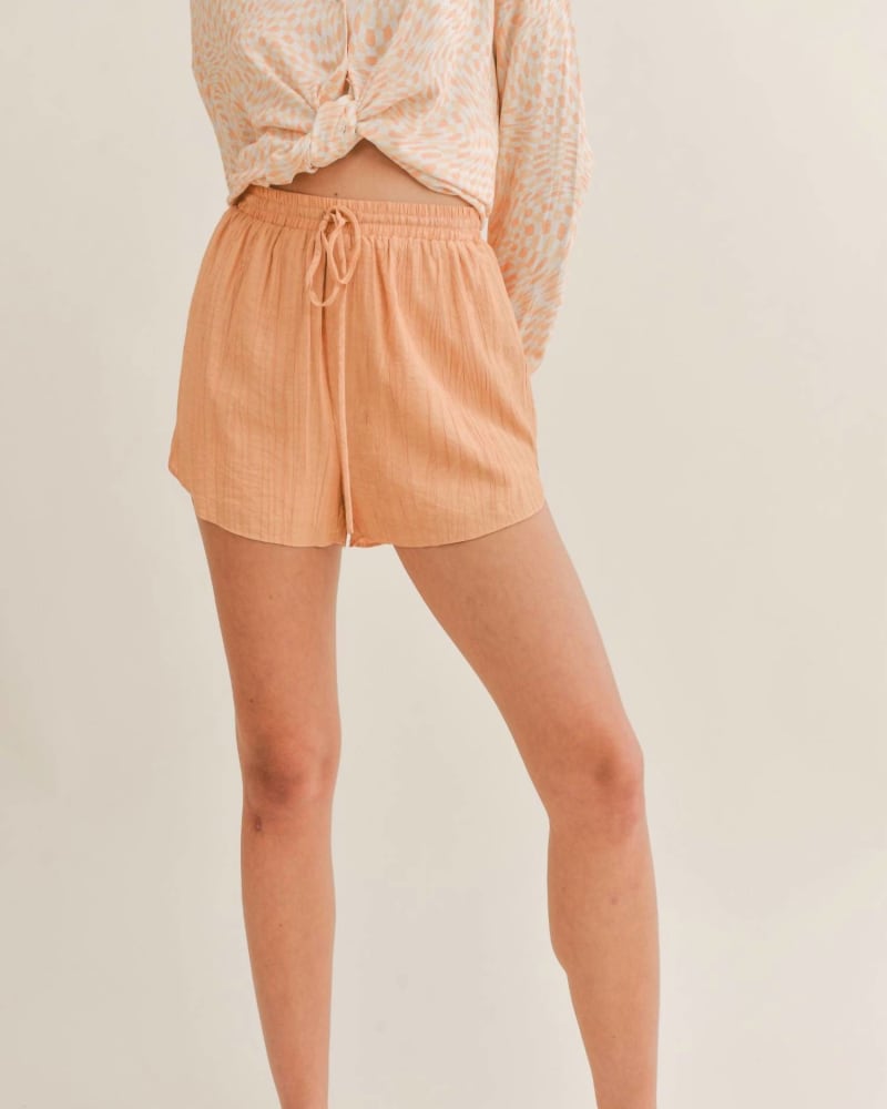Front of a model wearing a size Large Clementine Crush Shorts In Tangerine in Tangerine by SAGE THE LABEL. | dia_product_style_image_id:351188